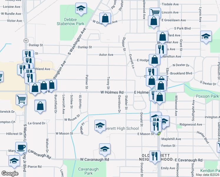 map of restaurants, bars, coffee shops, grocery stores, and more near 220 West Holmes Road in Lansing