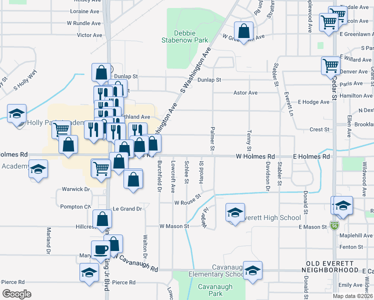 map of restaurants, bars, coffee shops, grocery stores, and more near 622 West Holmes Road in Lansing