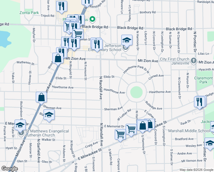 map of restaurants, bars, coffee shops, grocery stores, and more near 1617 Hawthorne Avenue in Janesville