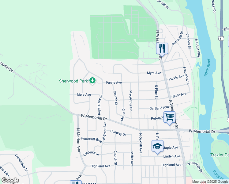 map of restaurants, bars, coffee shops, grocery stores, and more near 1311 Church Street in Janesville