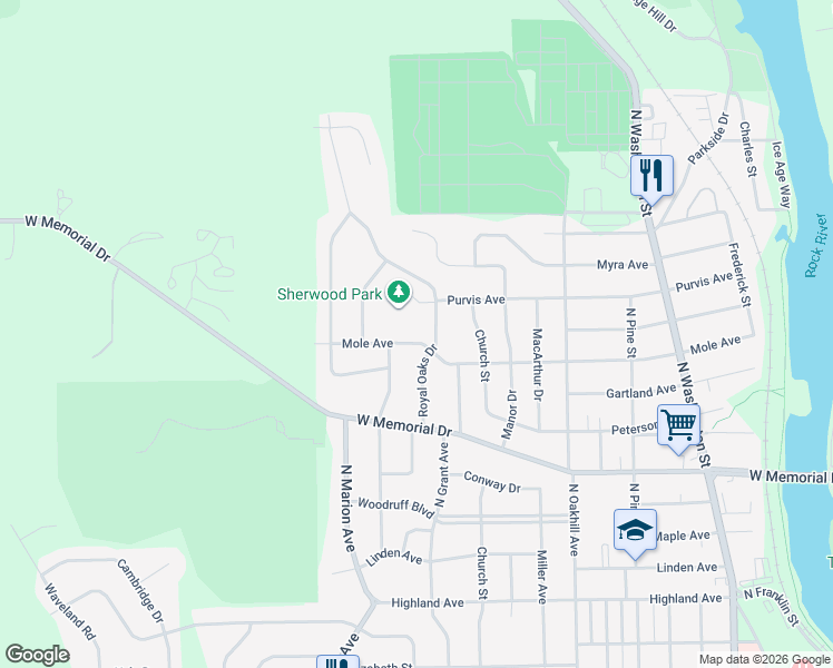 map of restaurants, bars, coffee shops, grocery stores, and more near 2313 Mole Avenue in Janesville