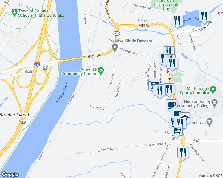map of restaurants, bars, coffee shops, grocery stores, and more near 226 Stow Avenue in Troy