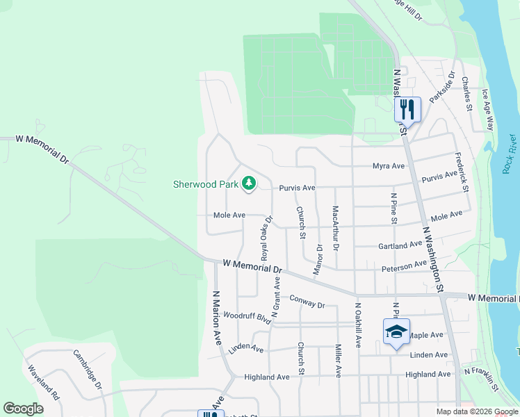 map of restaurants, bars, coffee shops, grocery stores, and more near 2313 Mole Avenue in Janesville