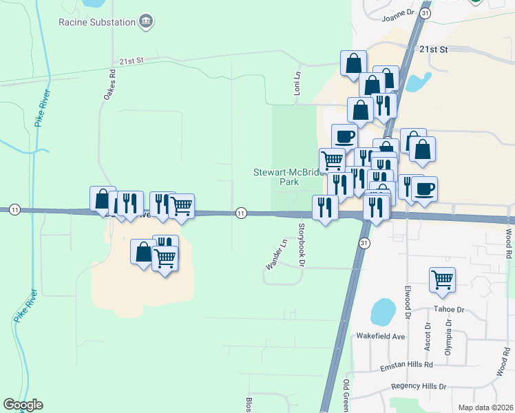 map of restaurants, bars, coffee shops, grocery stores, and more near 6538 Durand Avenue in Mount Pleasant