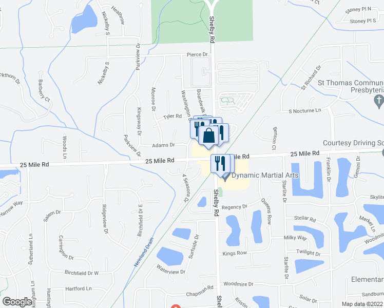 map of restaurants, bars, coffee shops, grocery stores, and more near 55010 Washington Drive in Shelby Charter Township