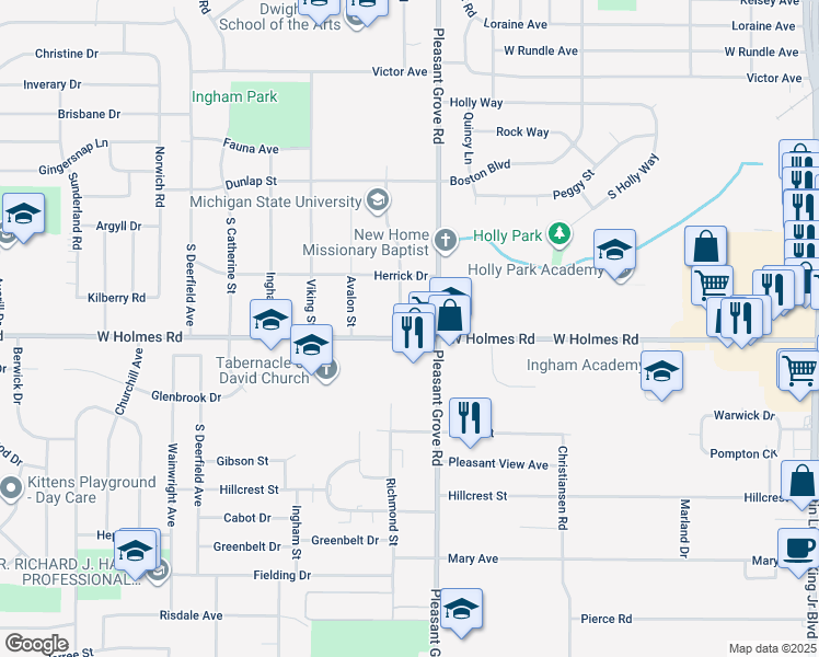 map of restaurants, bars, coffee shops, grocery stores, and more near 2222 West Holmes Road in Lansing