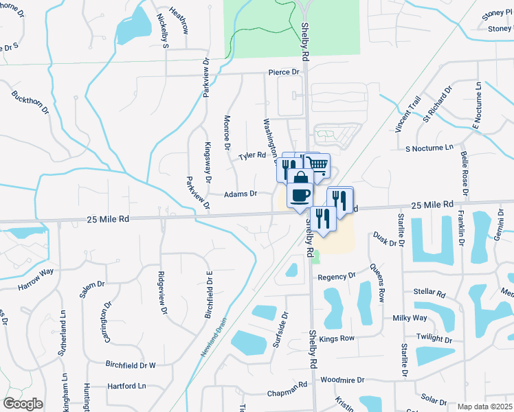 map of restaurants, bars, coffee shops, grocery stores, and more near 4139 25 Mile Road in Macomb County