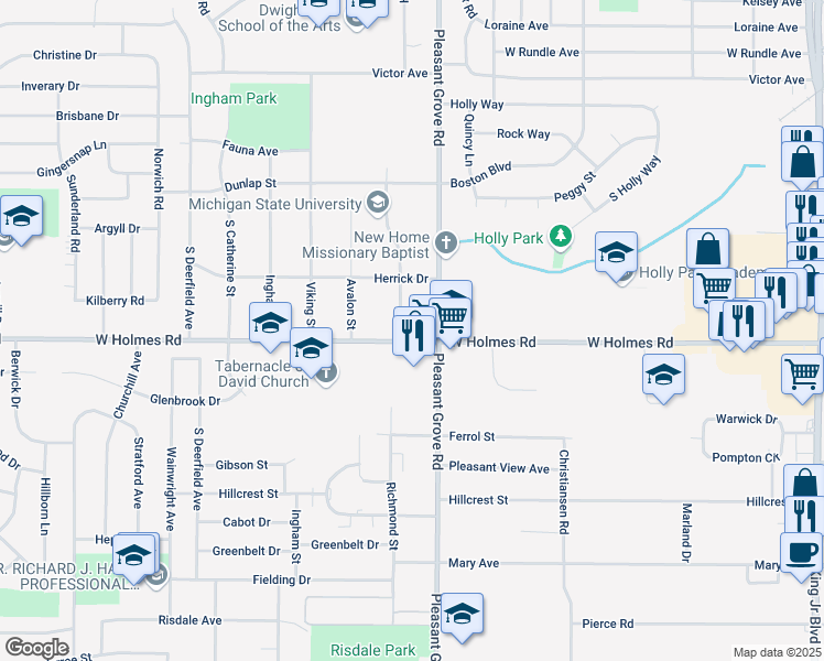 map of restaurants, bars, coffee shops, grocery stores, and more near 2222 West Holmes Road in Lansing