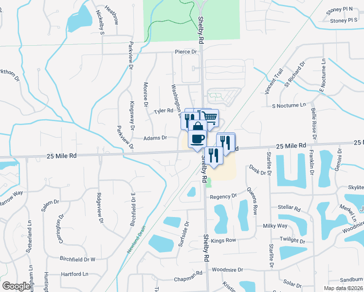 map of restaurants, bars, coffee shops, grocery stores, and more near 55010 Washington Drive in Macomb County
