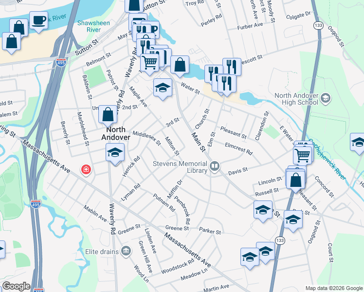 map of restaurants, bars, coffee shops, grocery stores, and more near 44 Milton Street in North Andover