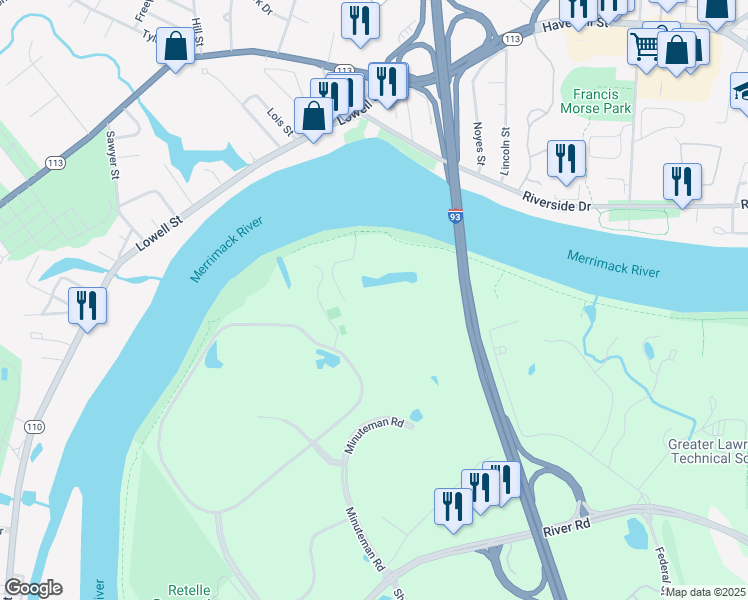 map of restaurants, bars, coffee shops, grocery stores, and more near 550 Minuteman Road in Andover