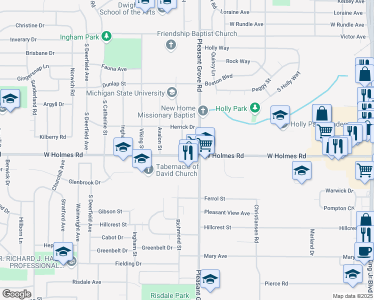 map of restaurants, bars, coffee shops, grocery stores, and more near 2227 West Holmes Road in Lansing