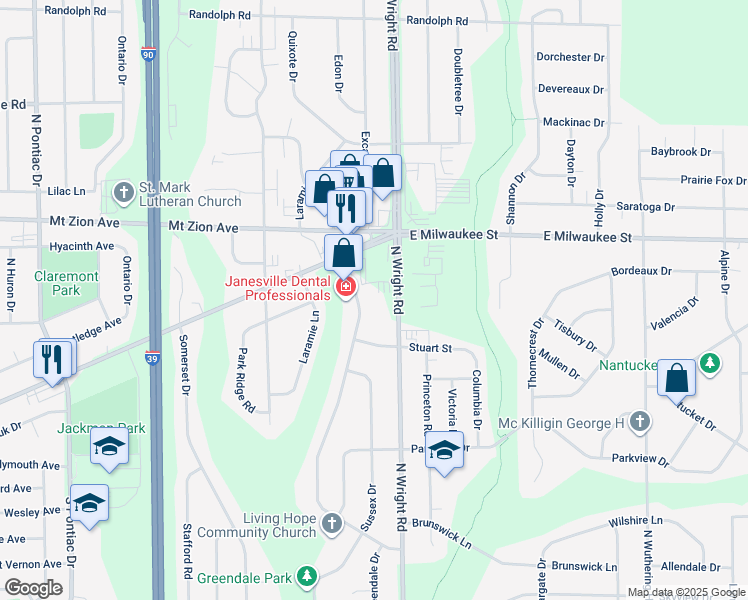 map of restaurants, bars, coffee shops, grocery stores, and more near 3524 East Milwaukee Street in Janesville