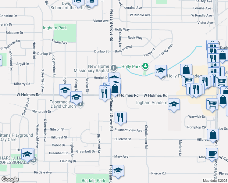 map of restaurants, bars, coffee shops, grocery stores, and more near in Lansing