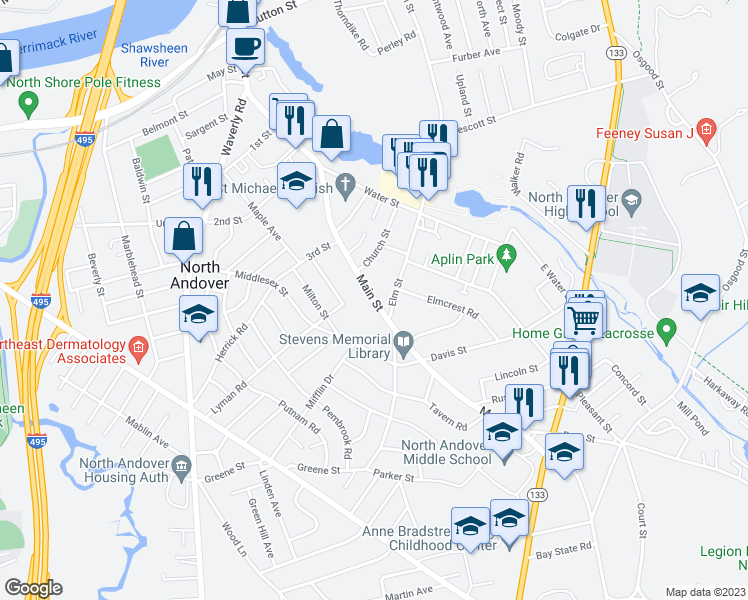 map of restaurants, bars, coffee shops, grocery stores, and more near 287 Main Street in North Andover