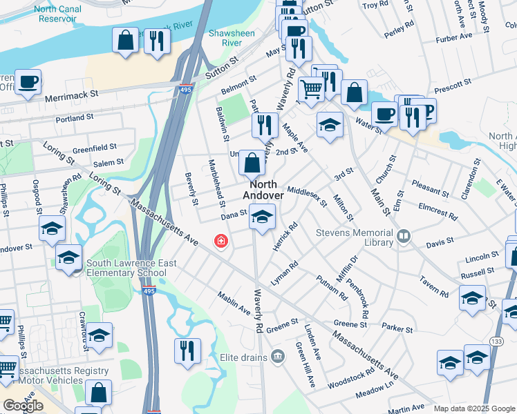map of restaurants, bars, coffee shops, grocery stores, and more near 219 Waverly Road in North Andover