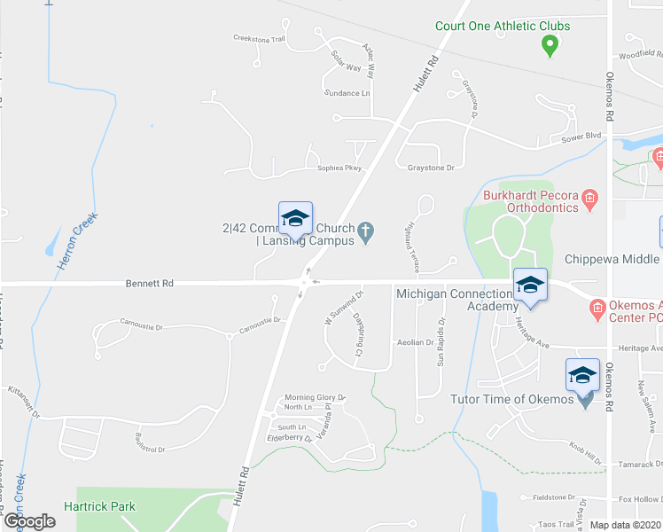 map of restaurants, bars, coffee shops, grocery stores, and more near 2630 Bennett Road in Meridian charter Township