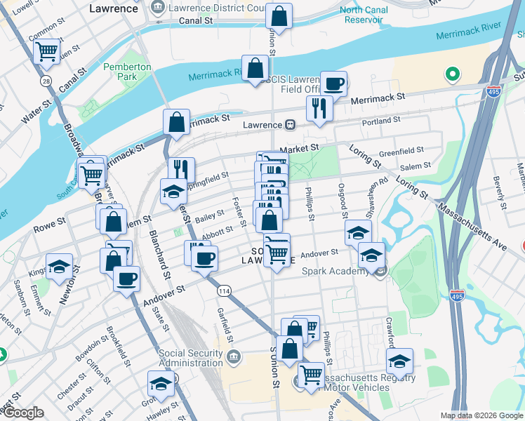 map of restaurants, bars, coffee shops, grocery stores, and more near 108 Abbott Street in Lawrence