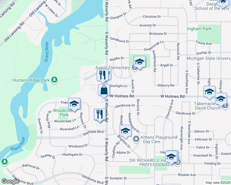 map of restaurants, bars, coffee shops, grocery stores, and more near 3718 West Holmes Road in Lansing