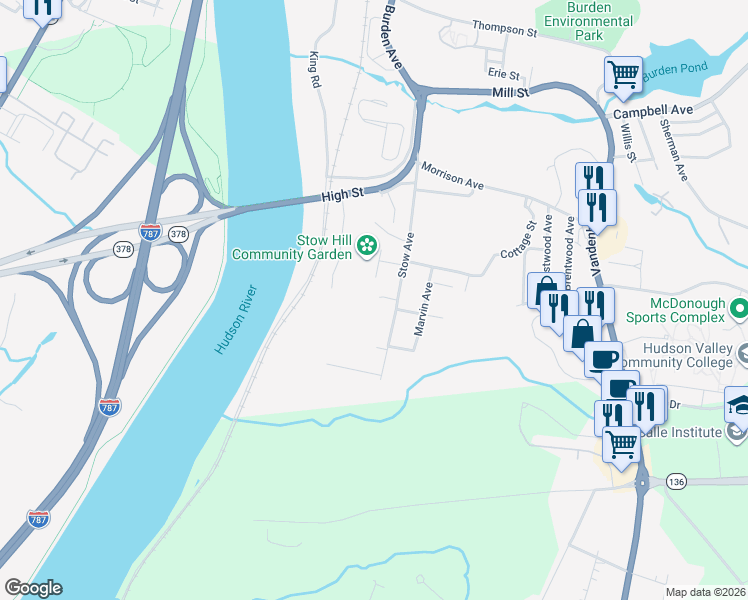 map of restaurants, bars, coffee shops, grocery stores, and more near 221 Stow Avenue in Troy