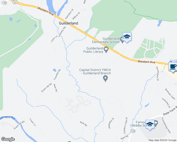 map of restaurants, bars, coffee shops, grocery stores, and more near 1 Brookside Lane in Guilderland