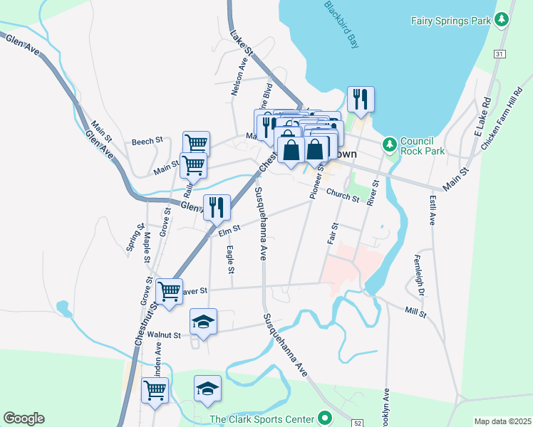 map of restaurants, bars, coffee shops, grocery stores, and more near 22 Susquehanna Avenue in Cooperstown