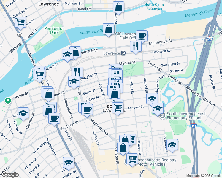 map of restaurants, bars, coffee shops, grocery stores, and more near 108 Abbott Street in Lawrence