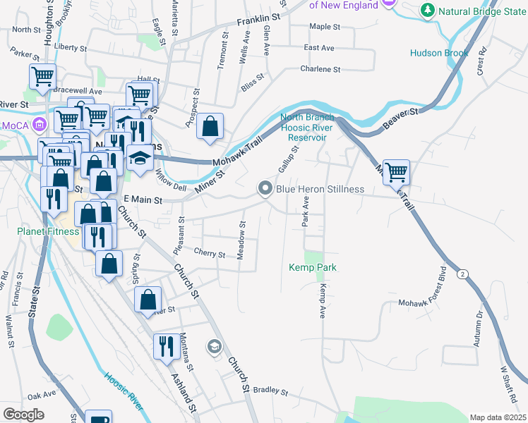 map of restaurants, bars, coffee shops, grocery stores, and more near 23 Yale Street in North Adams