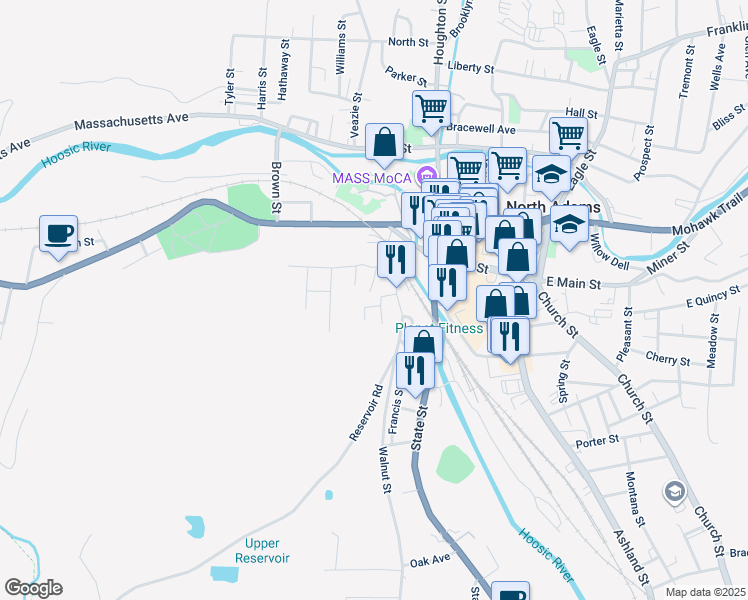 map of restaurants, bars, coffee shops, grocery stores, and more near 30-34 Pebble Street in North Adams