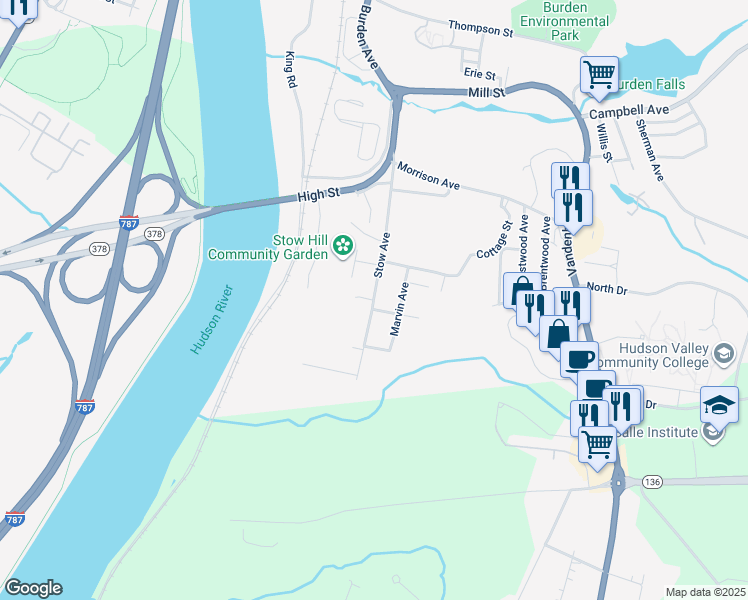 map of restaurants, bars, coffee shops, grocery stores, and more near 231 Stow Avenue in Troy