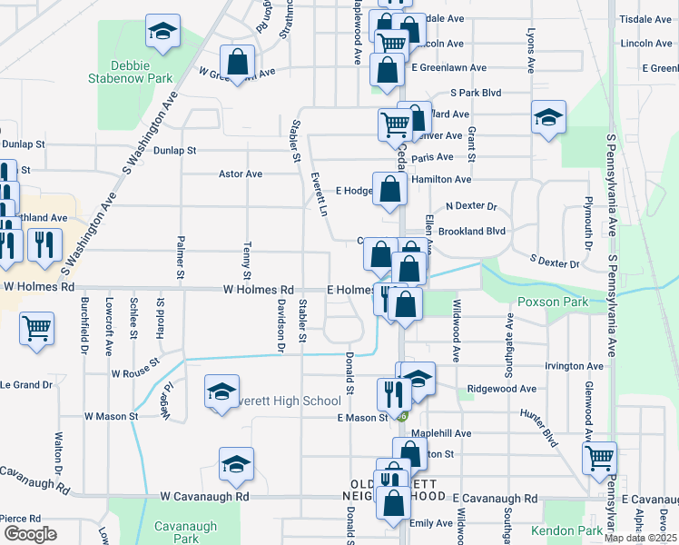 map of restaurants, bars, coffee shops, grocery stores, and more near 221 East Holmes Road in Lansing
