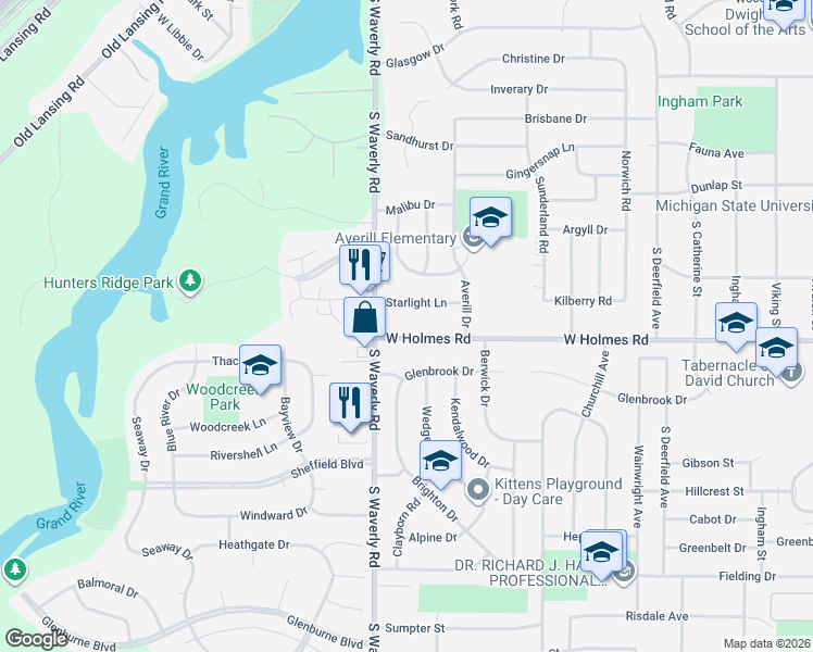 map of restaurants, bars, coffee shops, grocery stores, and more near 3718 West Holmes Road in Lansing