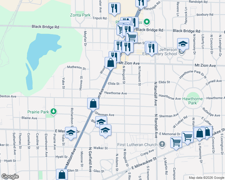map of restaurants, bars, coffee shops, grocery stores, and more near 1102 Hawthorne Avenue in Janesville
