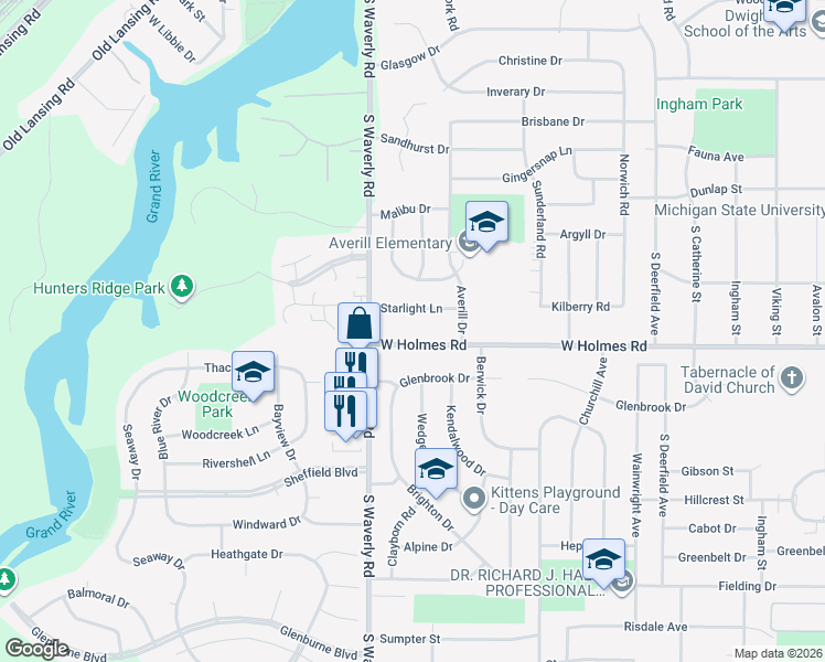 map of restaurants, bars, coffee shops, grocery stores, and more near 3718 West Holmes Road in Lansing