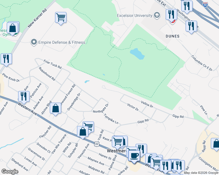 map of restaurants, bars, coffee shops, grocery stores, and more near 76 Velina Drive in Albany