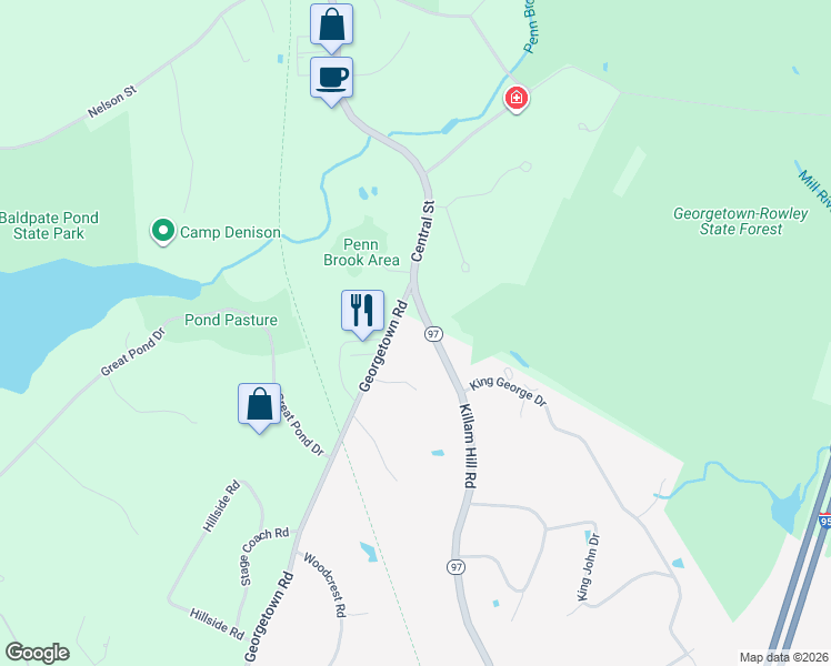 map of restaurants, bars, coffee shops, grocery stores, and more near 400 Central Street in Georgetown