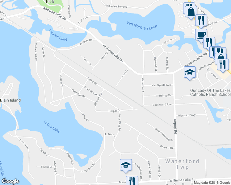 map of restaurants, bars, coffee shops, grocery stores, and more near 6436 Saline Drive in Waterford Township