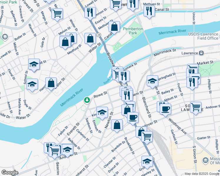 map of restaurants, bars, coffee shops, grocery stores, and more near 37 Shattuck Street in Lawrence