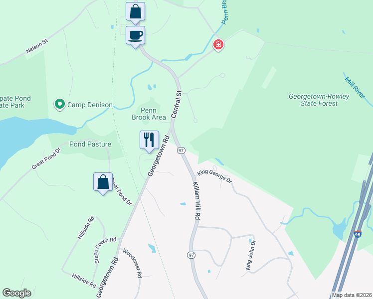 map of restaurants, bars, coffee shops, grocery stores, and more near 400 Central Street in Georgetown