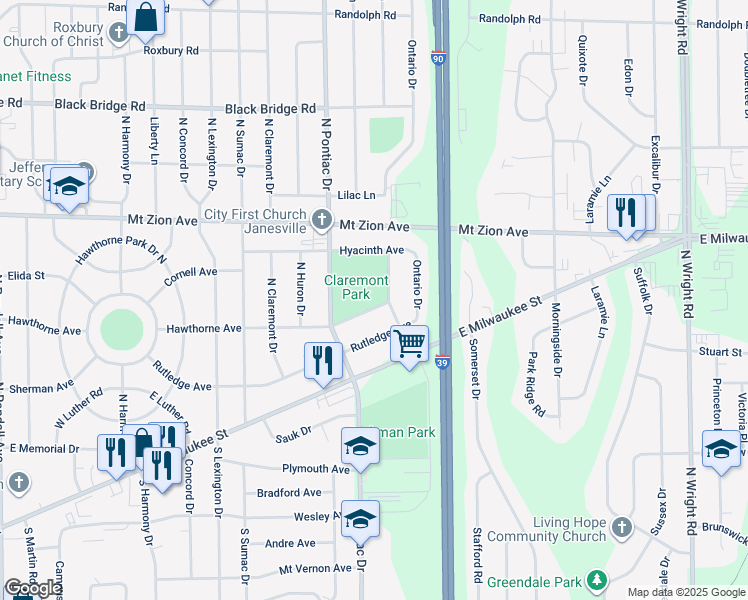 map of restaurants, bars, coffee shops, grocery stores, and more near 2811 Hawthorne Avenue in Janesville