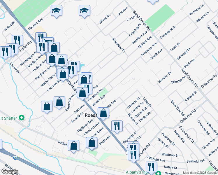 map of restaurants, bars, coffee shops, grocery stores, and more near 2 Lorini Court in Albany