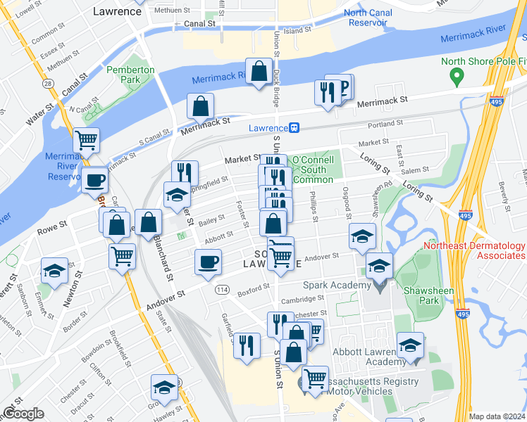 map of restaurants, bars, coffee shops, grocery stores, and more near 147 Bailey Street in Lawrence