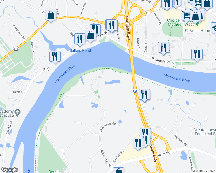map of restaurants, bars, coffee shops, grocery stores, and more near 550 Minuteman Road in Andover