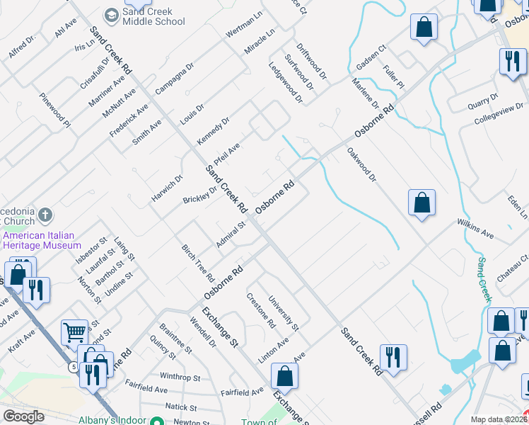 map of restaurants, bars, coffee shops, grocery stores, and more near 211 Sand Creek Road in Albany