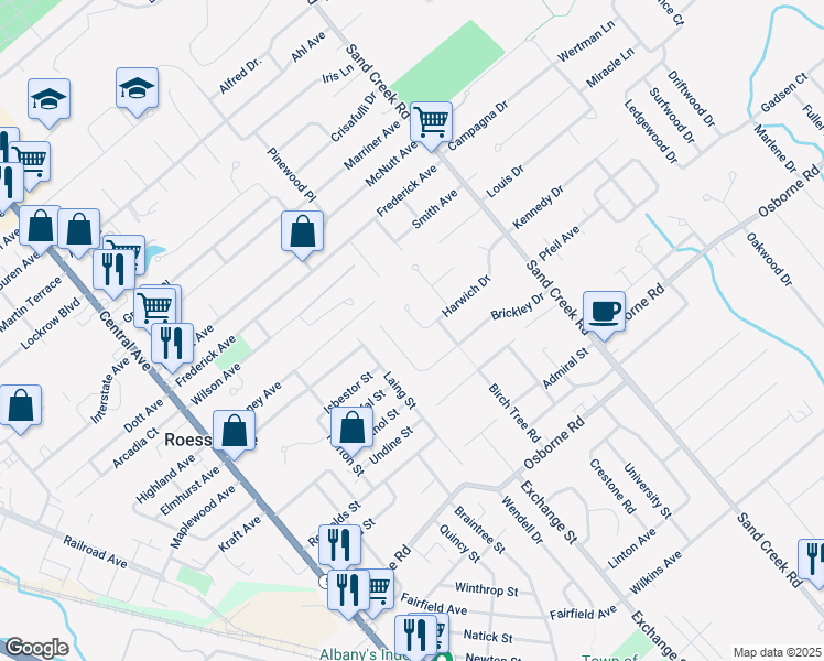 map of restaurants, bars, coffee shops, grocery stores, and more near 27 Brickley Drive in Albany