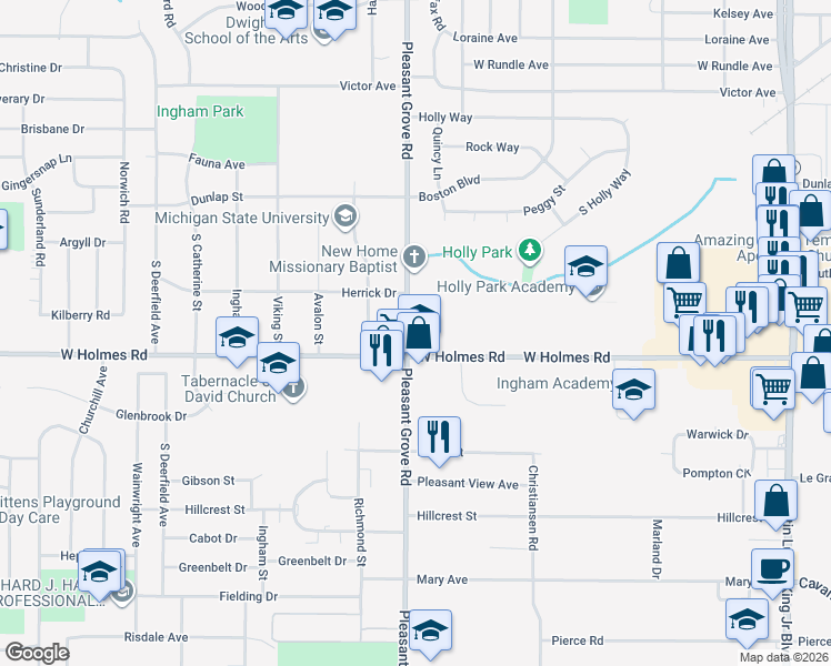 map of restaurants, bars, coffee shops, grocery stores, and more near 2130 West Holmes Road in Lansing