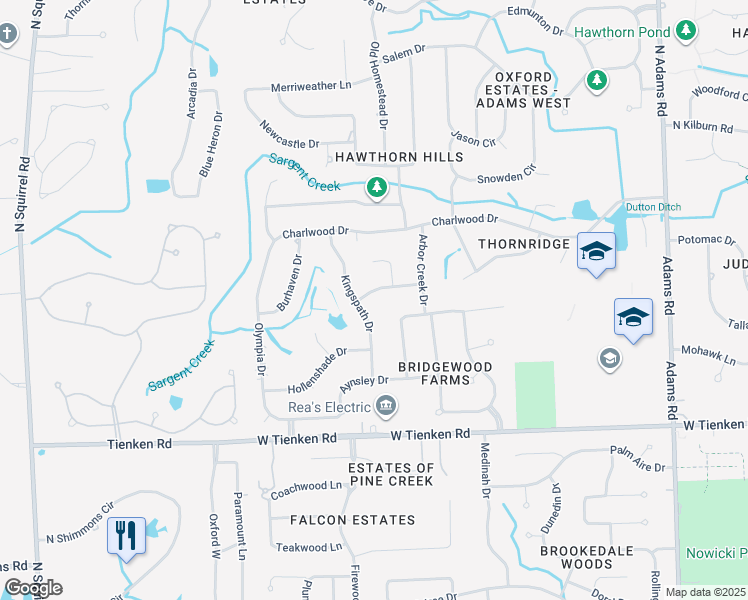 map of restaurants, bars, coffee shops, grocery stores, and more near 1309 Kingspath Drive in Rochester Hills