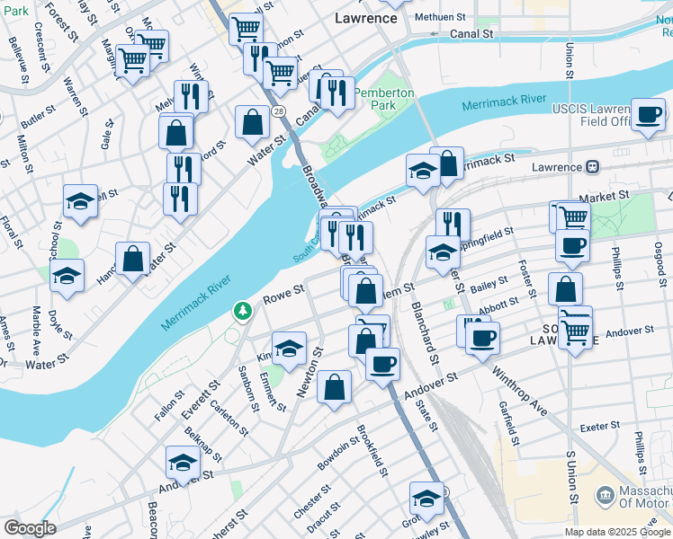 map of restaurants, bars, coffee shops, grocery stores, and more near 37 Shattuck Street in Lawrence