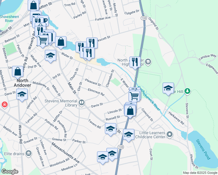 map of restaurants, bars, coffee shops, grocery stores, and more near 93 Pleasant Street in North Andover