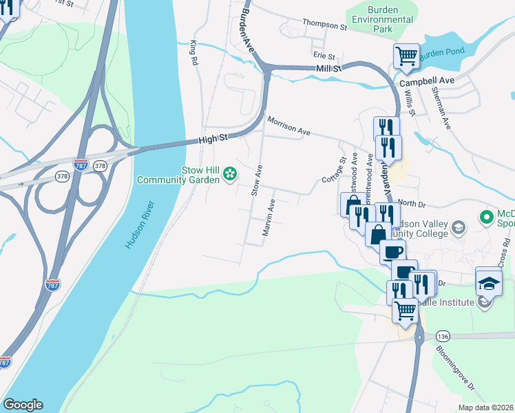 map of restaurants, bars, coffee shops, grocery stores, and more near 29 Marvin Avenue in Troy